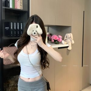 Women's Sheer Lazy Pure Desire Solid Color Short Sleeve T-Shirt with Large U-Neck and Regular Shoulders