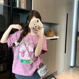 Women's Pink Print T-Shirt Summer Korean Style Loose Fit Short Sleeve