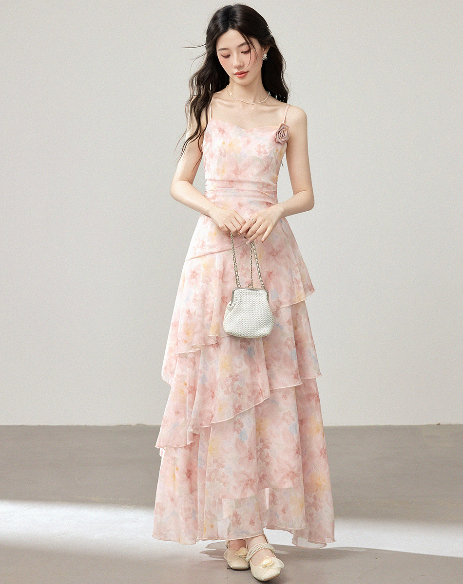 French Style Ruffle Floral Cami Dress Irregular Mermaid Hem Layered Summer Vacation Dress - Image 2