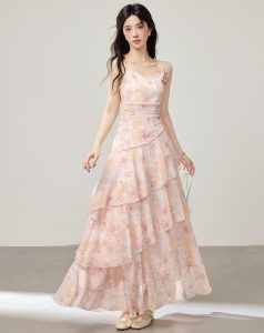 French Style Ruffle Floral Cami Dress Irregular Mermaid Hem Layered Summer Vacation Dress