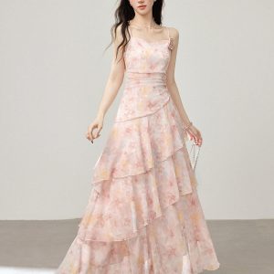 French Style Ruffle Floral Cami Dress Irregular Mermaid Hem Layered Summer Vacation Dress