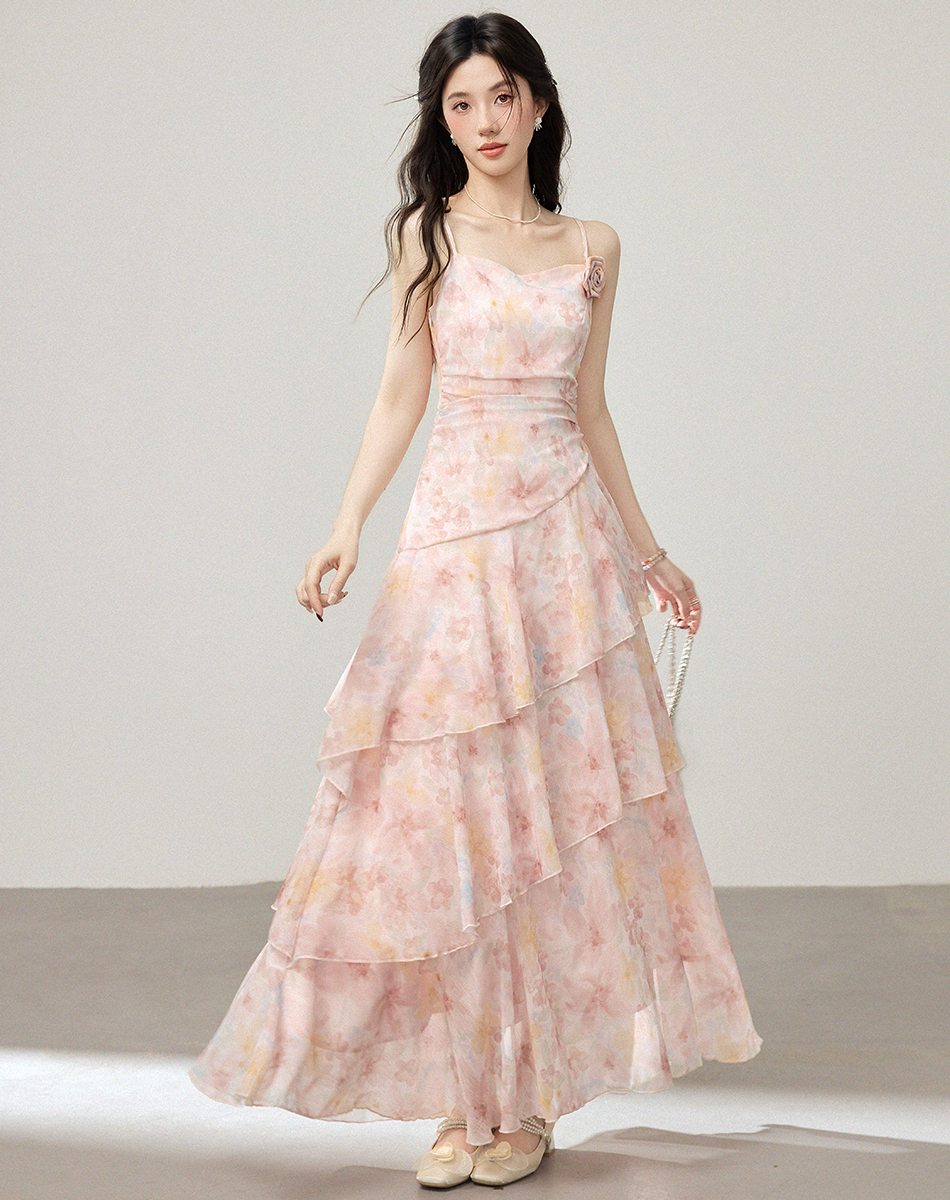French Style Ruffle Floral Cami Dress Irregular Mermaid Hem Layered Summer Vacation Dress