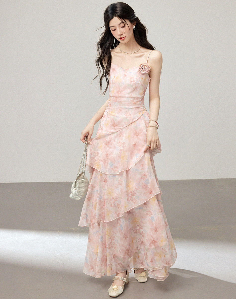 French Style Ruffle Floral Cami Dress Irregular Mermaid Hem Layered Summer Vacation Dress - Image 3