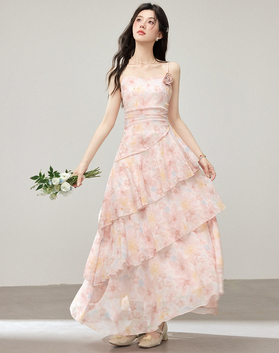 French Style Ruffle Floral Cami Dress Irregular Mermaid Hem Layered Summer Vacation Dress - Image 4