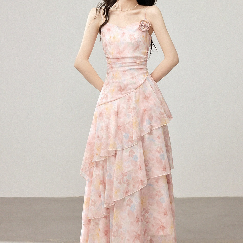 French Style Ruffle Floral Cami Dress Irregular Mermaid Hem Layered Summer Vacation Dress - Image 5