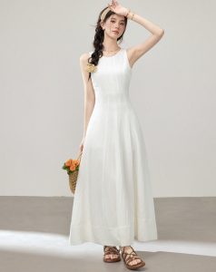 Elegant Sleeveless A-Line Midi Dress for Women Korean Style Slim Fit Back Zip Summer