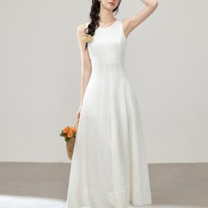 Elegant Sleeveless A-Line Midi Dress for Women Korean Style Slim Fit Back Zip Summer