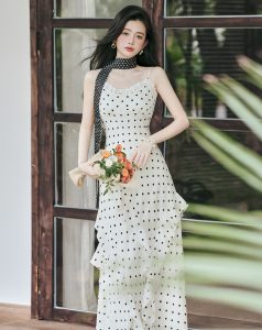 French Apricot Polka Dot Cami Dress Women Summer Beach Vacation Yunnan Travel Dress A-Line Long Dress