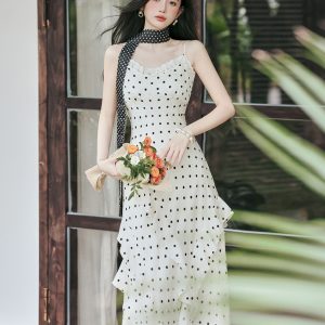 French Apricot Polka Dot Cami Dress Women Summer Beach Vacation Yunnan Travel Dress A-Line Long Dress
