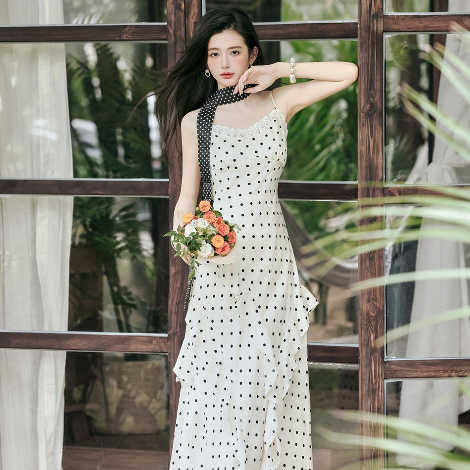 French Apricot Polka Dot Cami Dress Women Summer Beach Vacation Yunnan Travel Dress A-Line Long Dress - Image 5