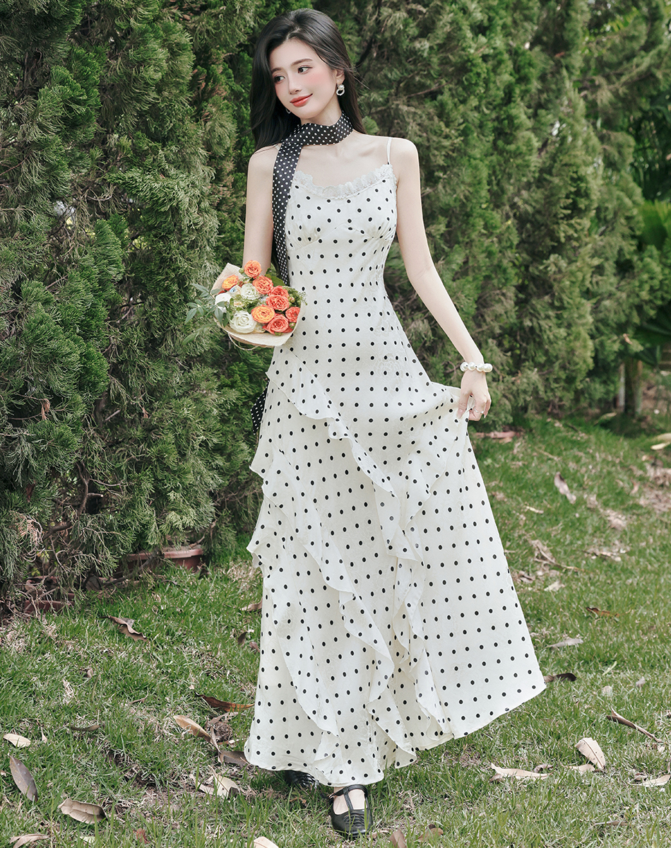 French Apricot Polka Dot Cami Dress Women Summer Beach Vacation Yunnan Travel Dress A-Line Long Dress - Image 4