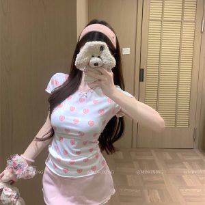 Sweet Heart Print U-Neck Dress and Lace Short-Sleeve T-Shirt Set
