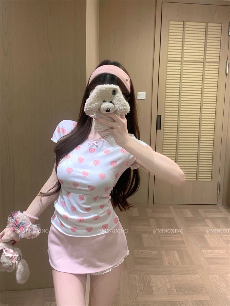 Sweet Heart Print U-Neck Dress and Lace Short-Sleeve T-Shirt Set