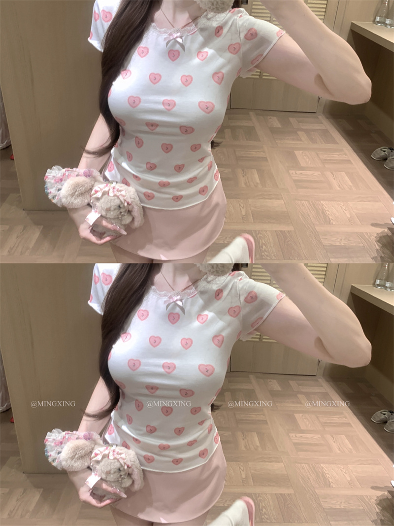 Sweet Heart Print U-Neck Dress and Lace Short-Sleeve T-Shirt Set - Image 3