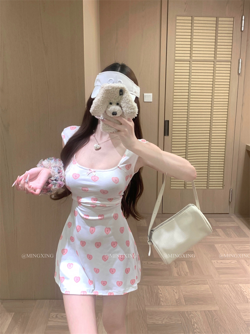 Sweet Heart Print U-Neck Dress and Lace Short-Sleeve T-Shirt Set - Image 4