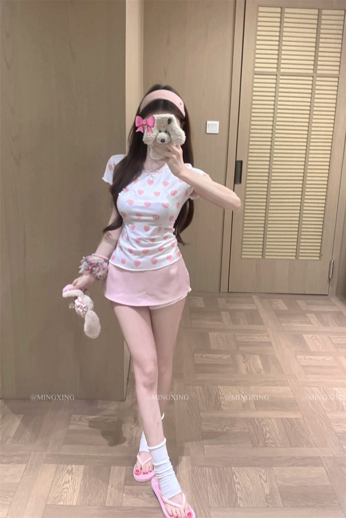 Sweet Heart Print U-Neck Dress and Lace Short-Sleeve T-Shirt Set - Image 5