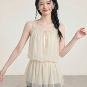 2026 Summer Korean Sweet Cami Dress Mesh Slimming Petite Women