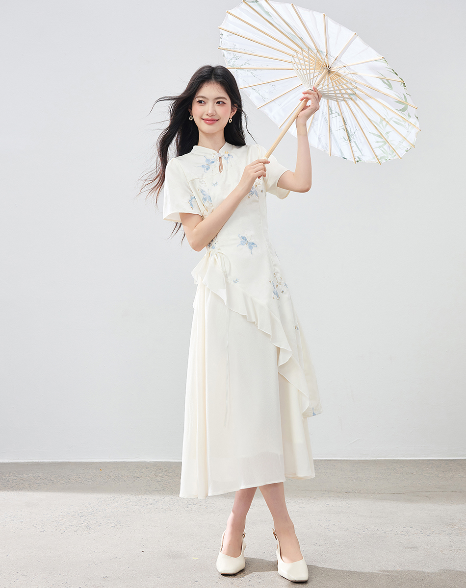 New Chinese Style Asymmetrical Ruffle Dress with Heavy Embroidery - Image 2