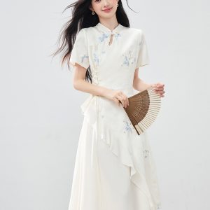 New Chinese Style Asymmetrical Ruffle Dress with Heavy Embroidery
