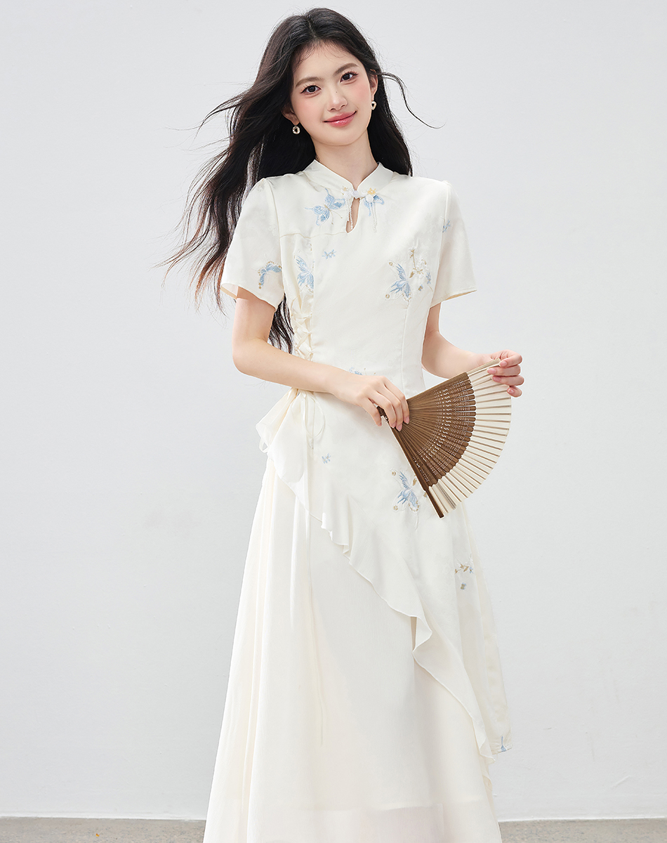 New Chinese Style Asymmetrical Ruffle Dress with Heavy Embroidery