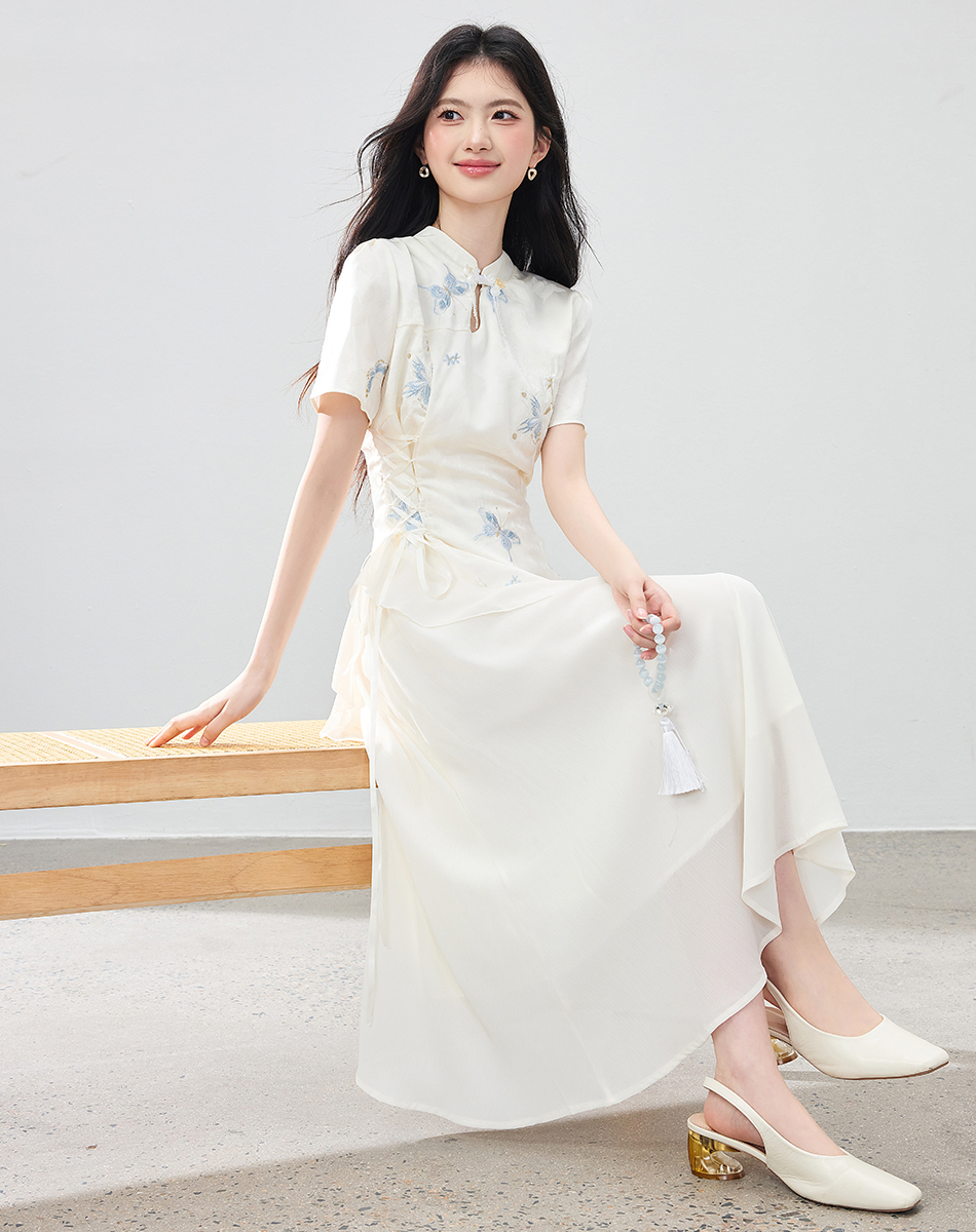New Chinese Style Asymmetrical Ruffle Dress with Heavy Embroidery - Image 4