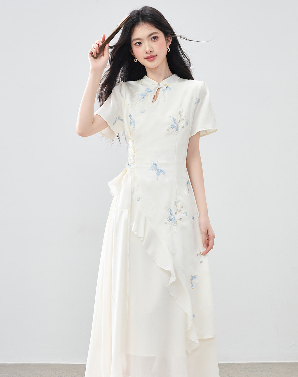 New Chinese Style Asymmetrical Ruffle Dress with Heavy Embroidery - Image 3