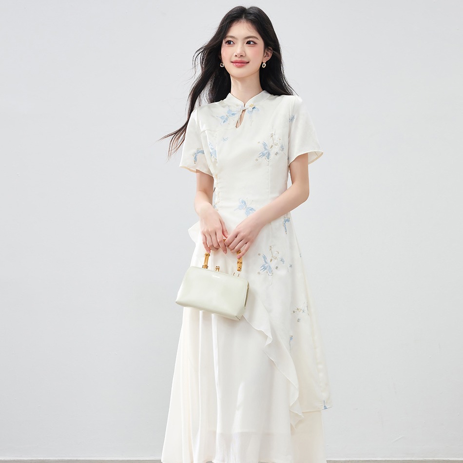 New Chinese Style Asymmetrical Ruffle Dress with Heavy Embroidery - Image 5
