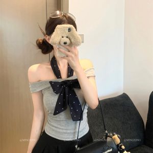 Gray One-Shoulder Short-Sleeve T-Shirt for Women Summer Slim-Fit Korean Style Off-Shoulder Top