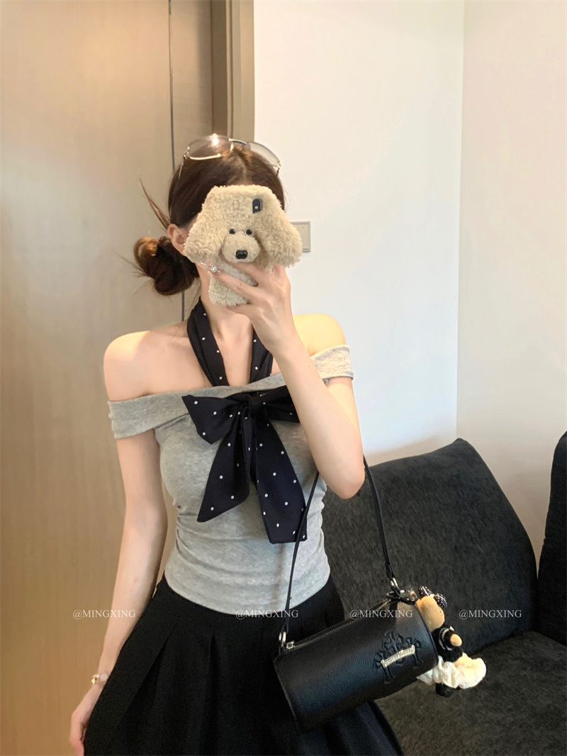 Gray One-Shoulder Short-Sleeve T-Shirt for Women Summer Slim-Fit Korean Style Off-Shoulder Top