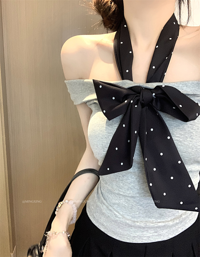Gray One-Shoulder Short-Sleeve T-Shirt for Women Summer Slim-Fit Korean Style Off-Shoulder Top - Image 2