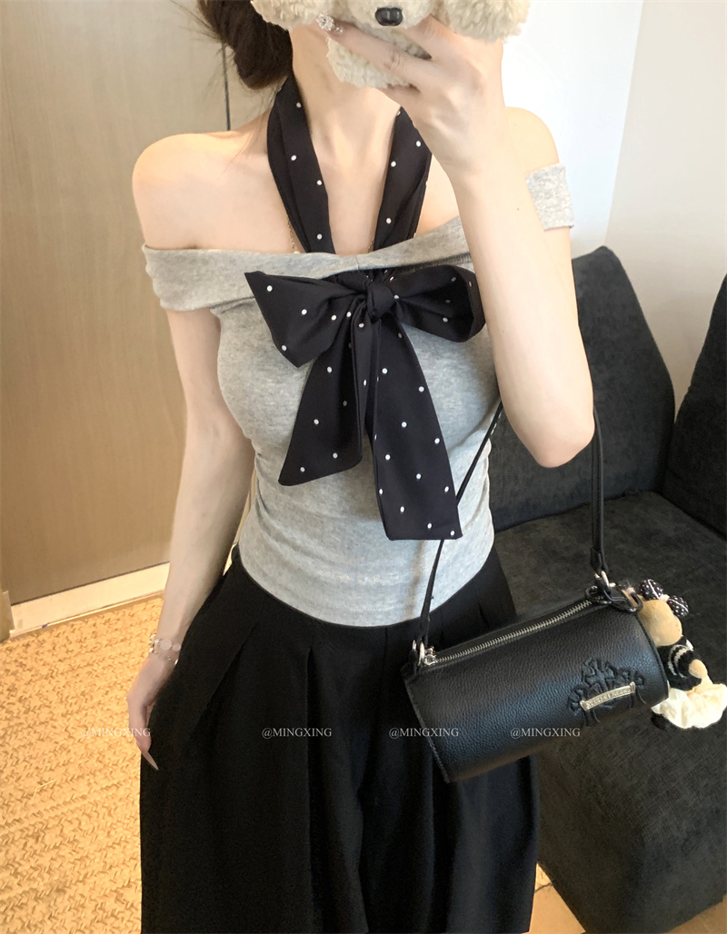 Gray One-Shoulder Short-Sleeve T-Shirt for Women Summer Slim-Fit Korean Style Off-Shoulder Top - Image 3