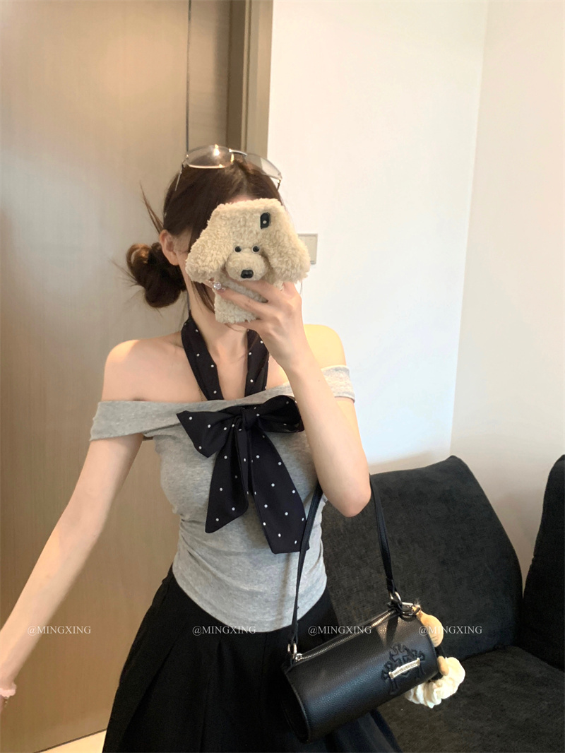 Gray One-Shoulder Short-Sleeve T-Shirt for Women Summer Slim-Fit Korean Style Off-Shoulder Top - Image 4