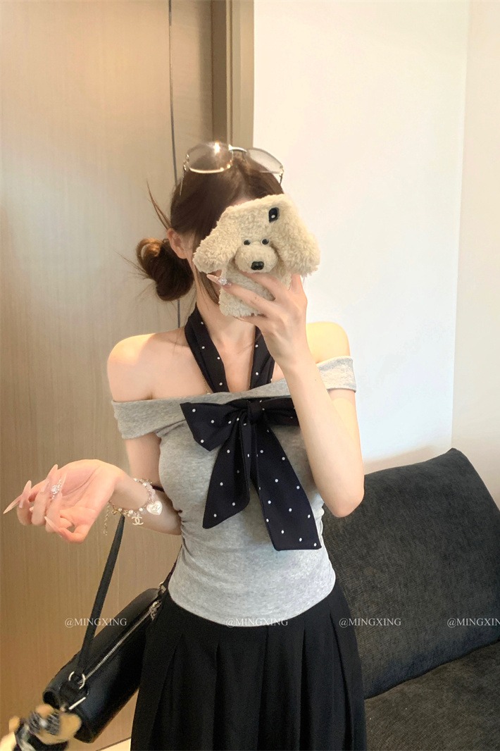Gray One-Shoulder Short-Sleeve T-Shirt for Women Summer Slim-Fit Korean Style Off-Shoulder Top - Image 5