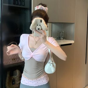 Women's Ballet-Style Color-Block Knotted Faux Two-Piece Slim-Fit Cropped T-Shirt