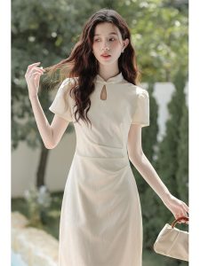 New Chinese Style Apricot White Dress Women Summer Slimming Satin Modified Qipao