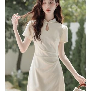New Chinese Style Apricot White Dress Women Summer Slimming Satin Modified Qipao