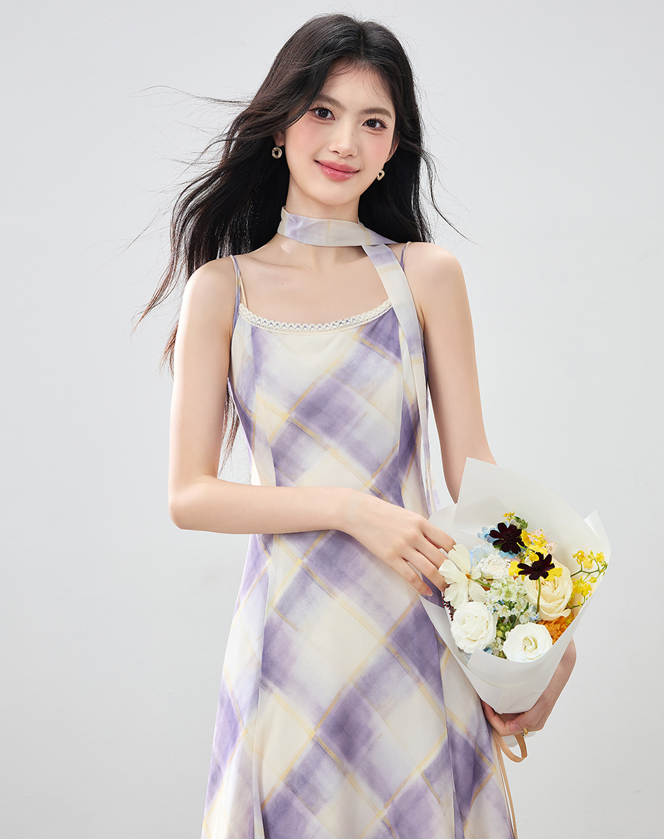 Misty Purple French Cami Dress Women Summer Chiffon A-Line Midi Dress - Image 3