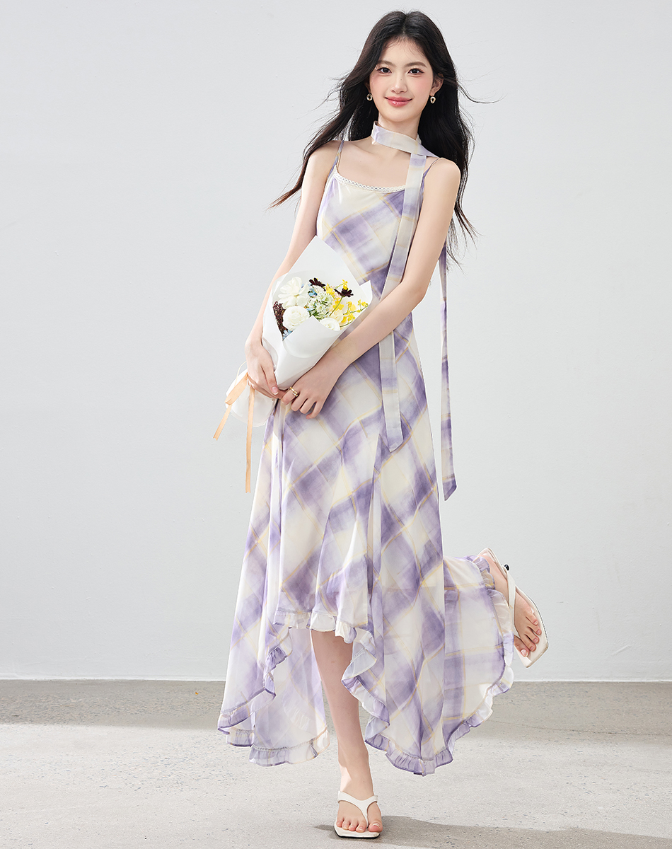 Misty Purple French Cami Dress Women Summer Chiffon A-Line Midi Dress - Image 2