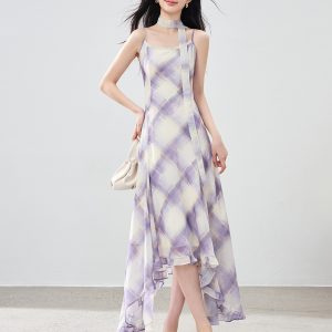 Misty Purple French Cami Dress Women Summer Chiffon A-Line Midi Dress