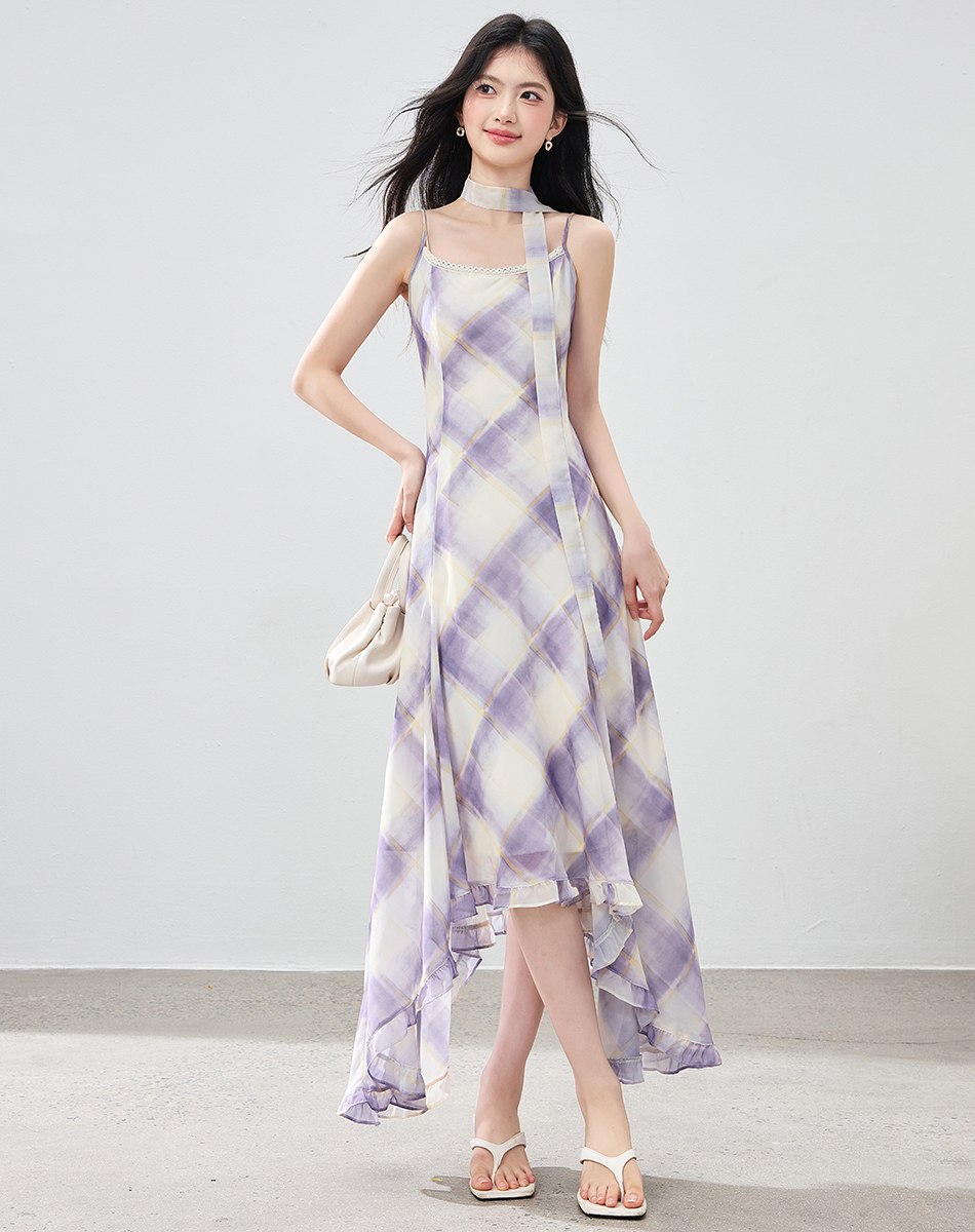 Misty Purple French Cami Dress Women Summer Chiffon A-Line Midi Dress