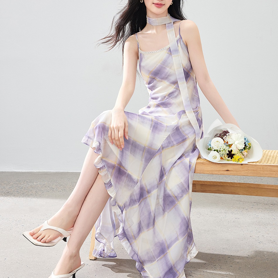 Misty Purple French Cami Dress Women Summer Chiffon A-Line Midi Dress - Image 5
