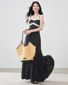 Black Polka Dot Lace Sleeveless Midi Dress for Women Summer