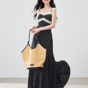 Black Polka Dot Lace Sleeveless Midi Dress for Women Summer