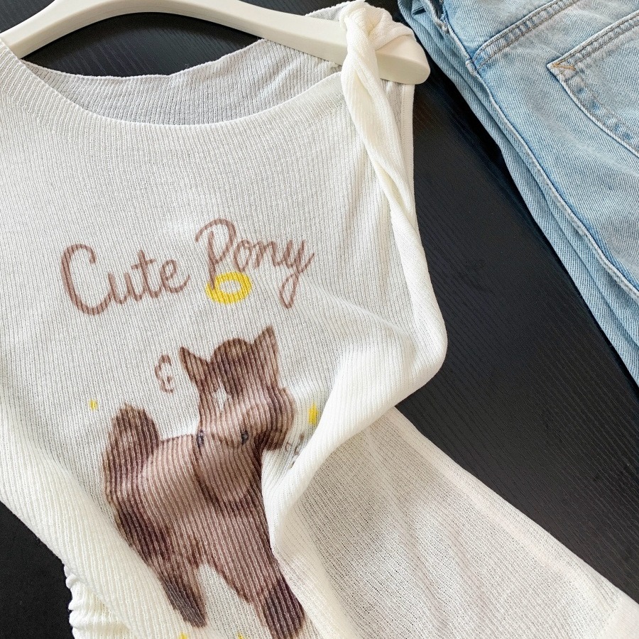 Summer Sweet Cool Girl Style Knotted Sleeve Off-Shoulder Cartoon Print Slimming Knit Top - Image 5