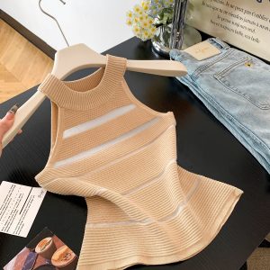 Women's Sheer Halter Cold Shoulder Cami Top Sexy Slim Knit Summer Outerwear