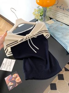 Women's Off-Shoulder Bow Tie Short Sleeve Knit Top Summer Slim Fit Color Block
