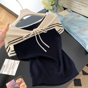 Women's Off-Shoulder Bow Tie Short Sleeve Knit Top Summer Slim Fit Color Block