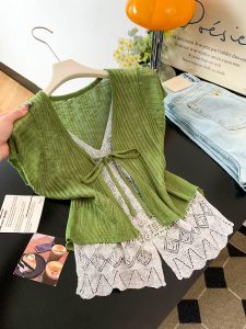 Women's Summer Faux Two-Piece Lace Spliced V-Neck Short Sleeve Knit Cardigan