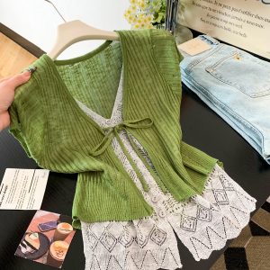 Women's Summer Faux Two-Piece Lace Spliced V-Neck Short Sleeve Knit Cardigan