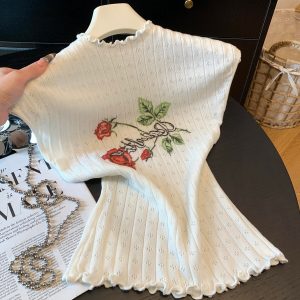 Women's Rose Print Openwork Knit Top Summer Slim Fit Pullover